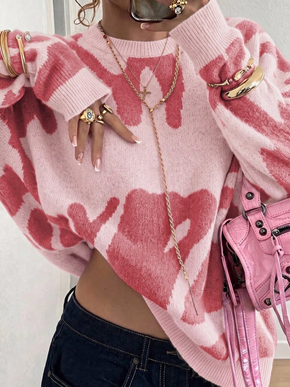 Multicolor Casual Women's Loose Drop Shoulder Round Neck Pattern Pullovers